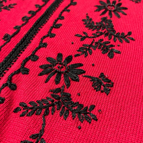 Kathie Lee Red Black Embroidered Cardigan L Ramie Cotton Vintage Grandmacore - Picture 6 of 16